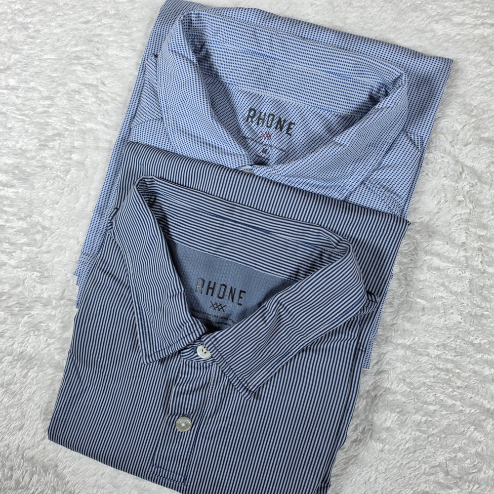 2 Pack Rhone Polos Men M Blue Nylon Stretch L/S Striped Microcheck 101297 100041